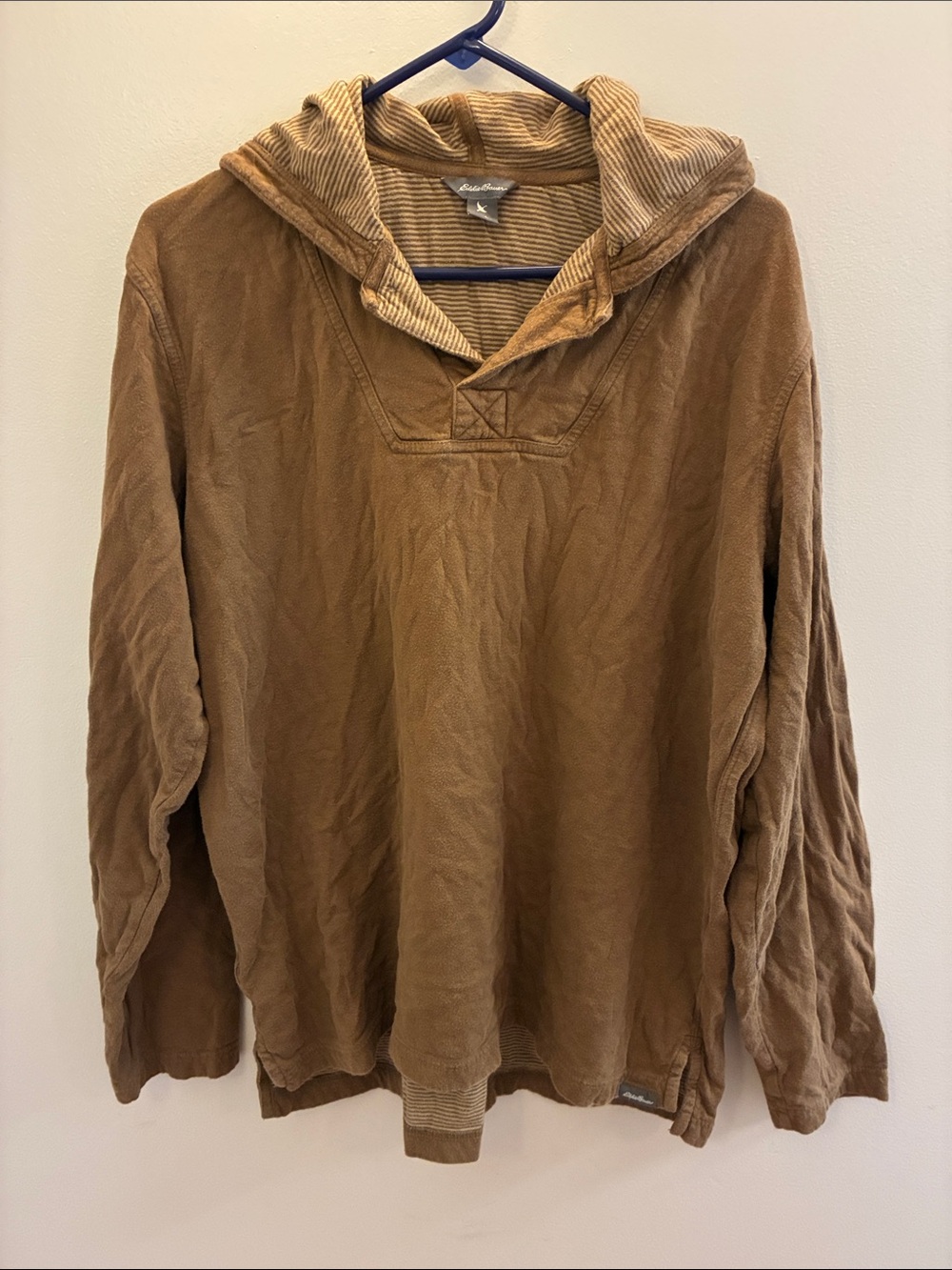 Eddie Bauer Brown and Striped Hooded Pullover Large